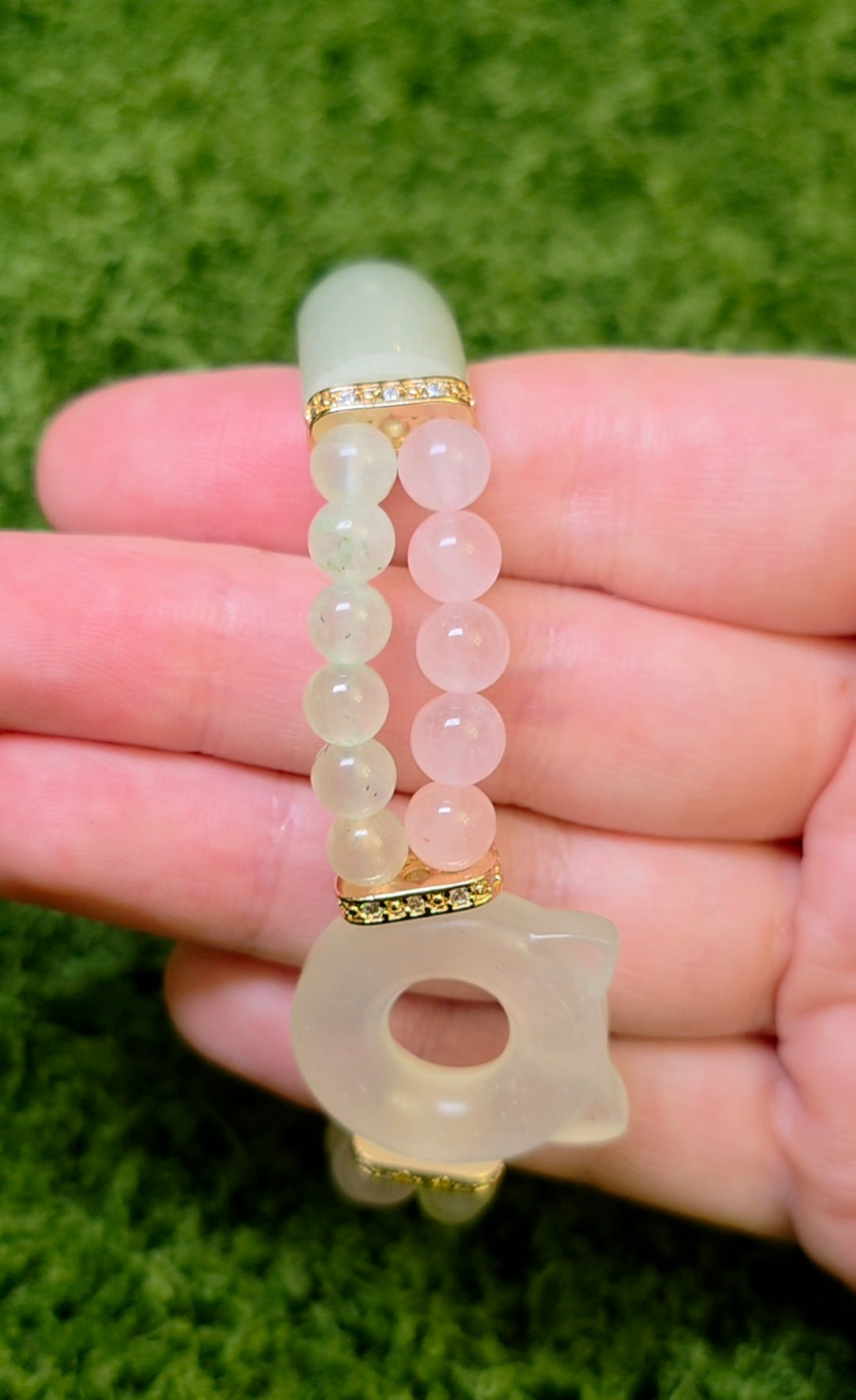 Jade, Prehnite, and Rose Quartz Cat Bangle Stretch Bracelet