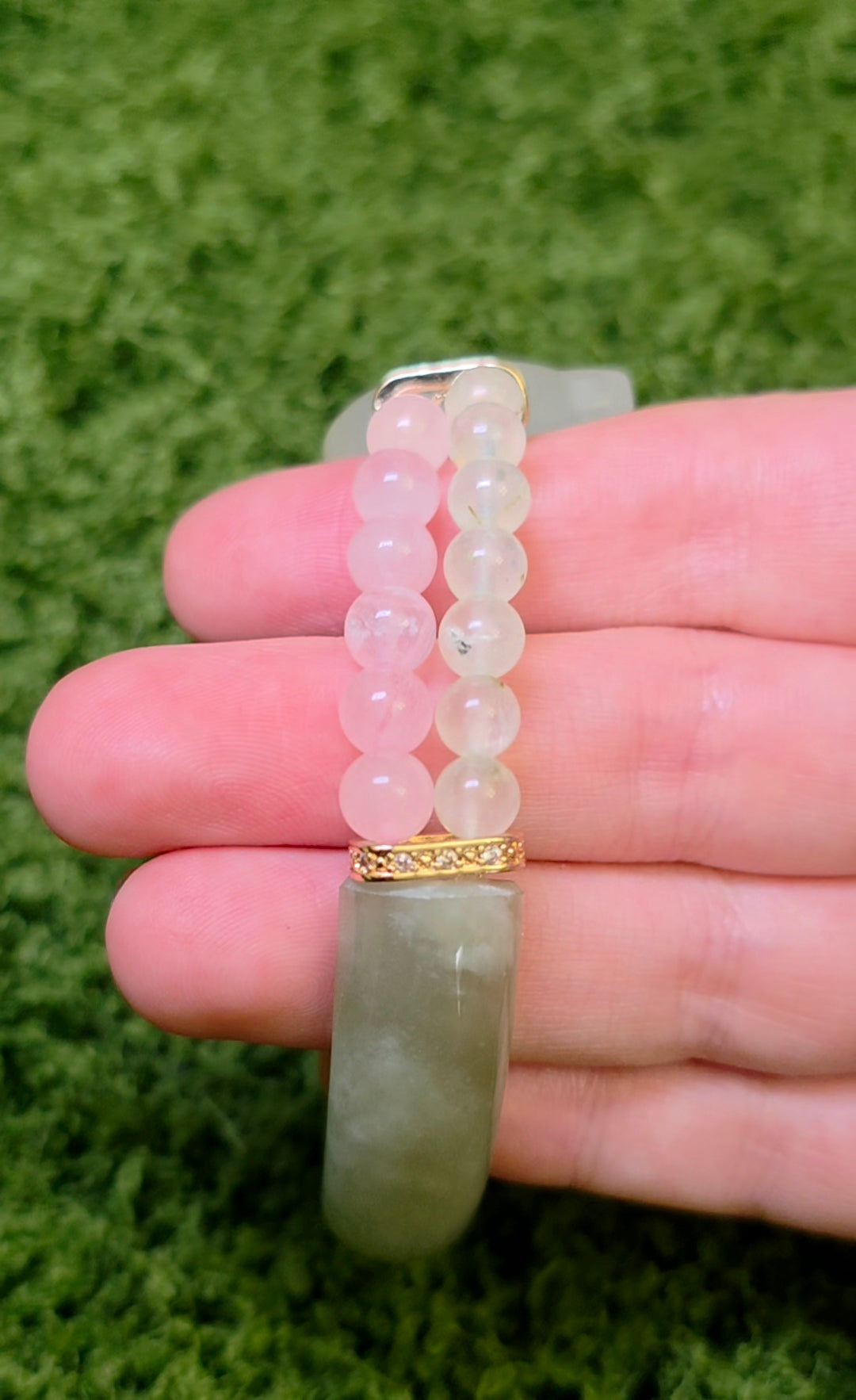 Jade, Prehnite, and Rose Quartz Cat Bangle Stretch Bracelet