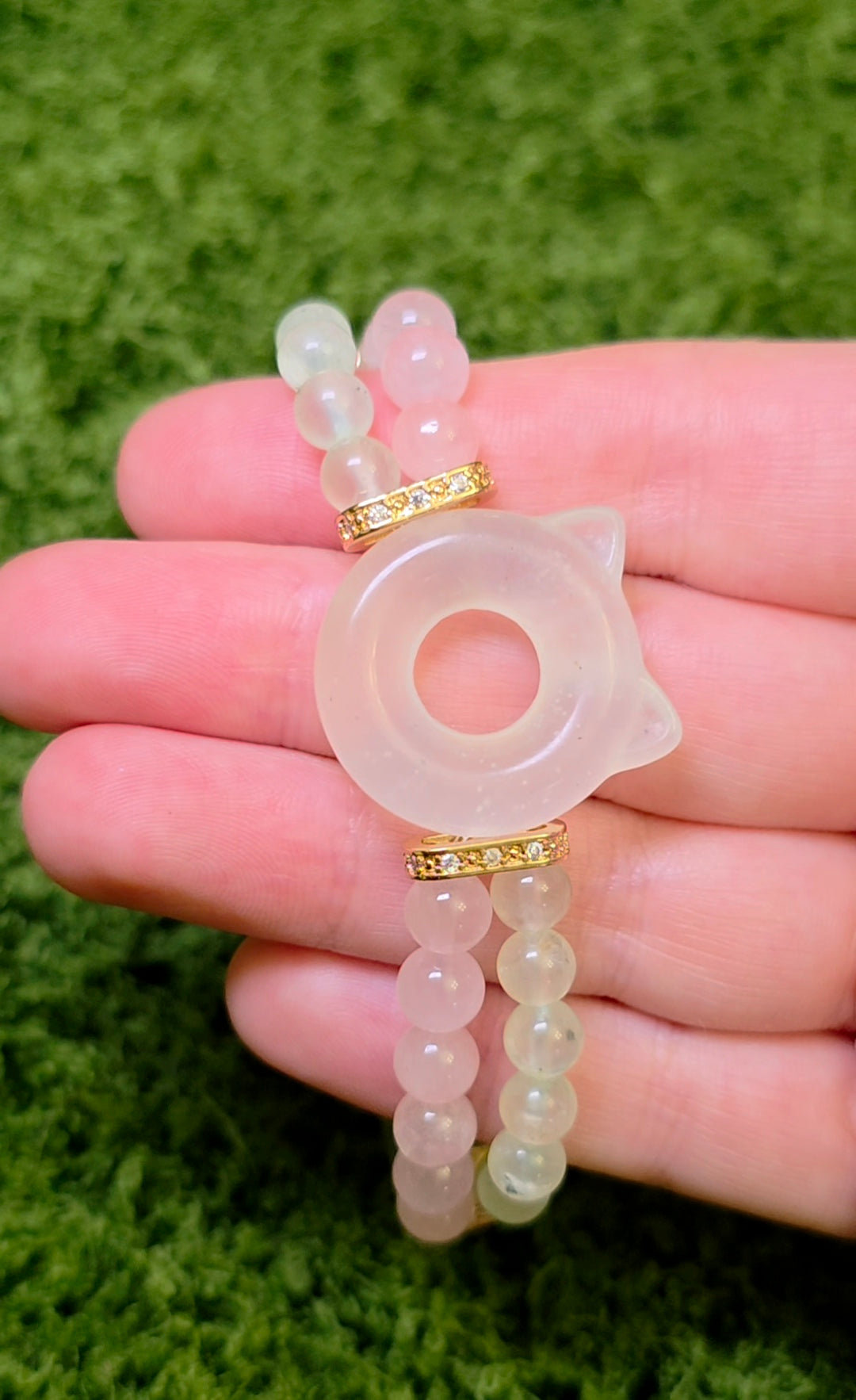 Jade, Prehnite, and Rose Quartz Cat Bangle Stretch Bracelet