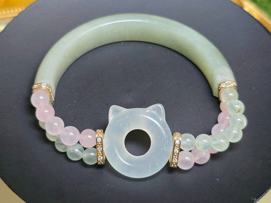 Jade, Prehnite, and Rose Quartz Cat Bangle Stretch Bracelet