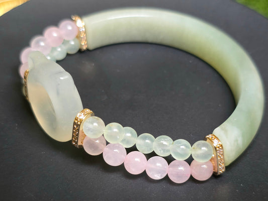 Jade, Prehnite, and Rose Quartz Cat Bangle Stretch Bracelet