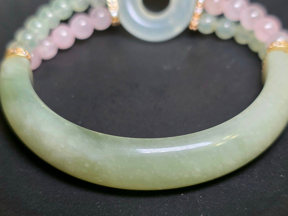 Jade, Prehnite, and Rose Quartz Cat Bangle Stretch Bracelet