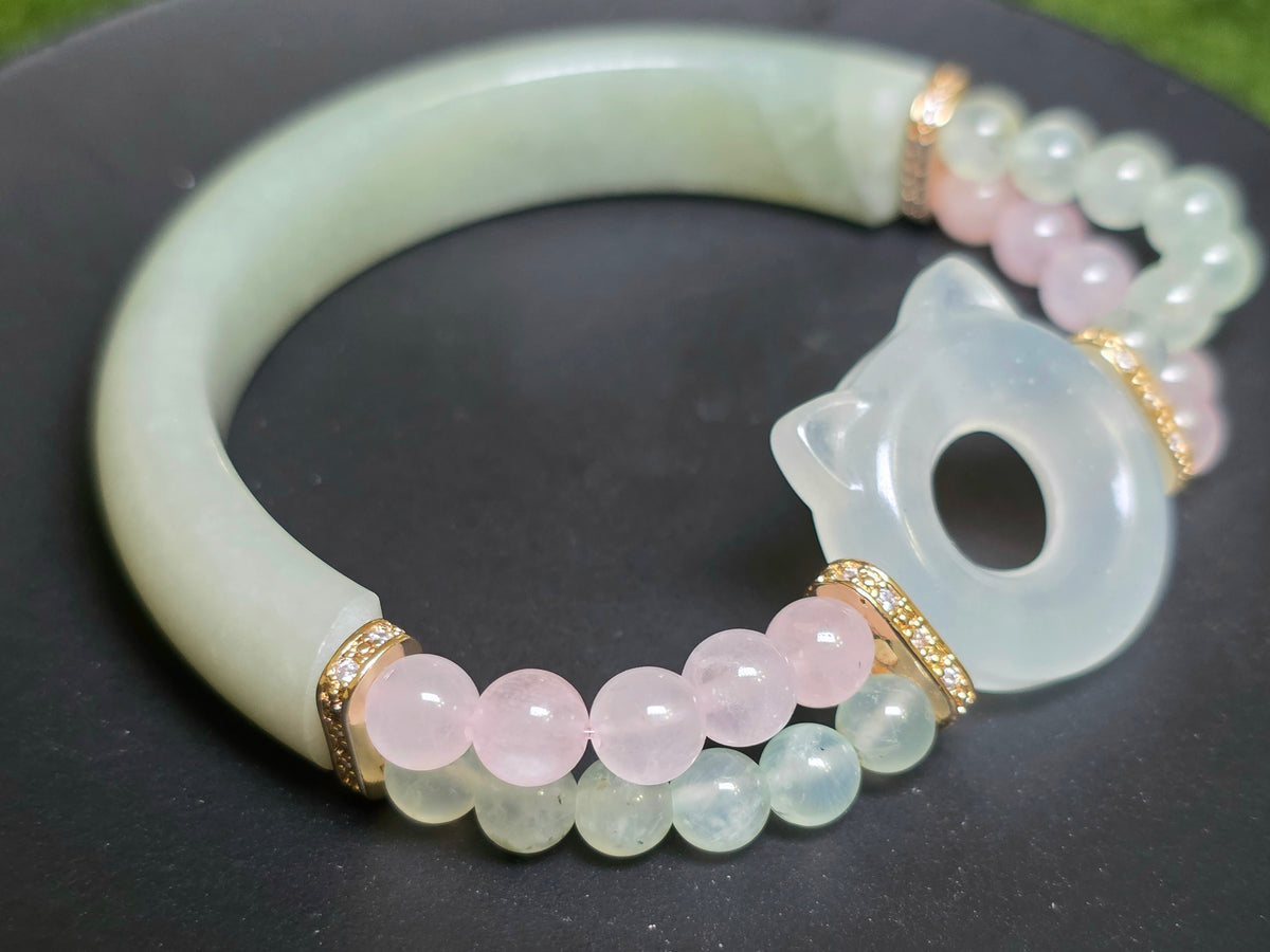 Jade, Prehnite, and Rose Quartz Cat Bangle Stretch Bracelet