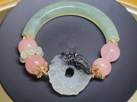 Jade, Prehnite, and Rose Quartz Dragon Bangle Stretch Bracelet A