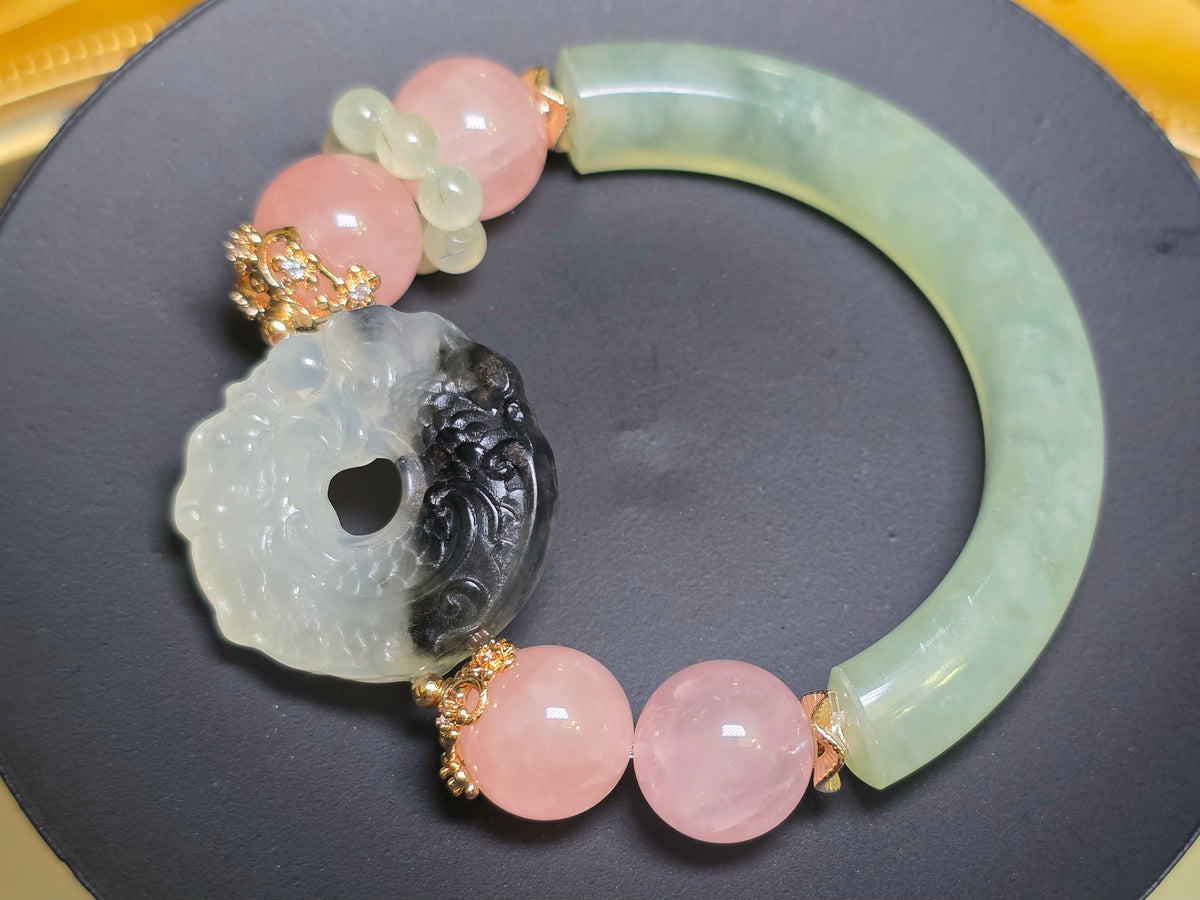 Jade, Prehnite, and Rose Quartz Dragon Bangle Stretch Bracelet A