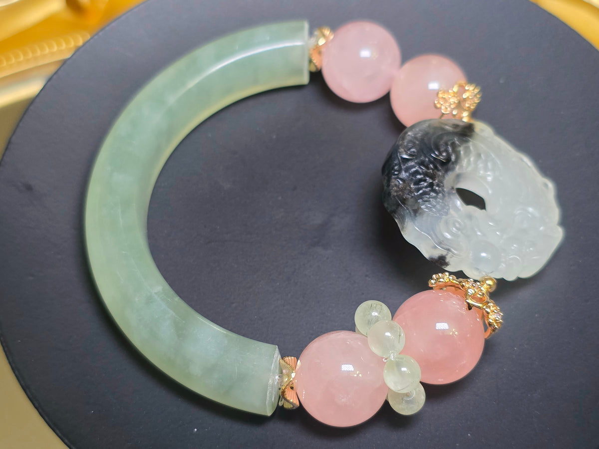 Jade, Prehnite, and Rose Quartz Dragon Bangle Stretch Bracelet A