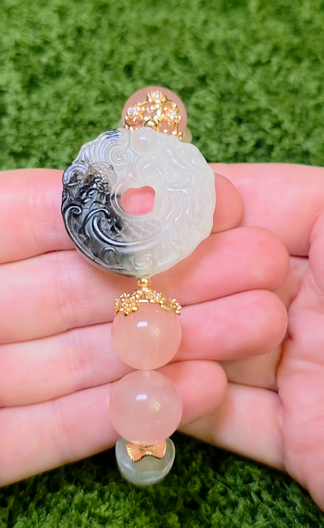 Jade, Prehnite, and Rose Quartz Dragon Bangle Stretch Bracelet A