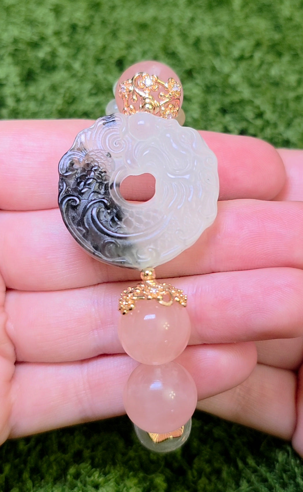 Jade, Prehnite, and Rose Quartz Dragon Bangle Stretch Bracelet A