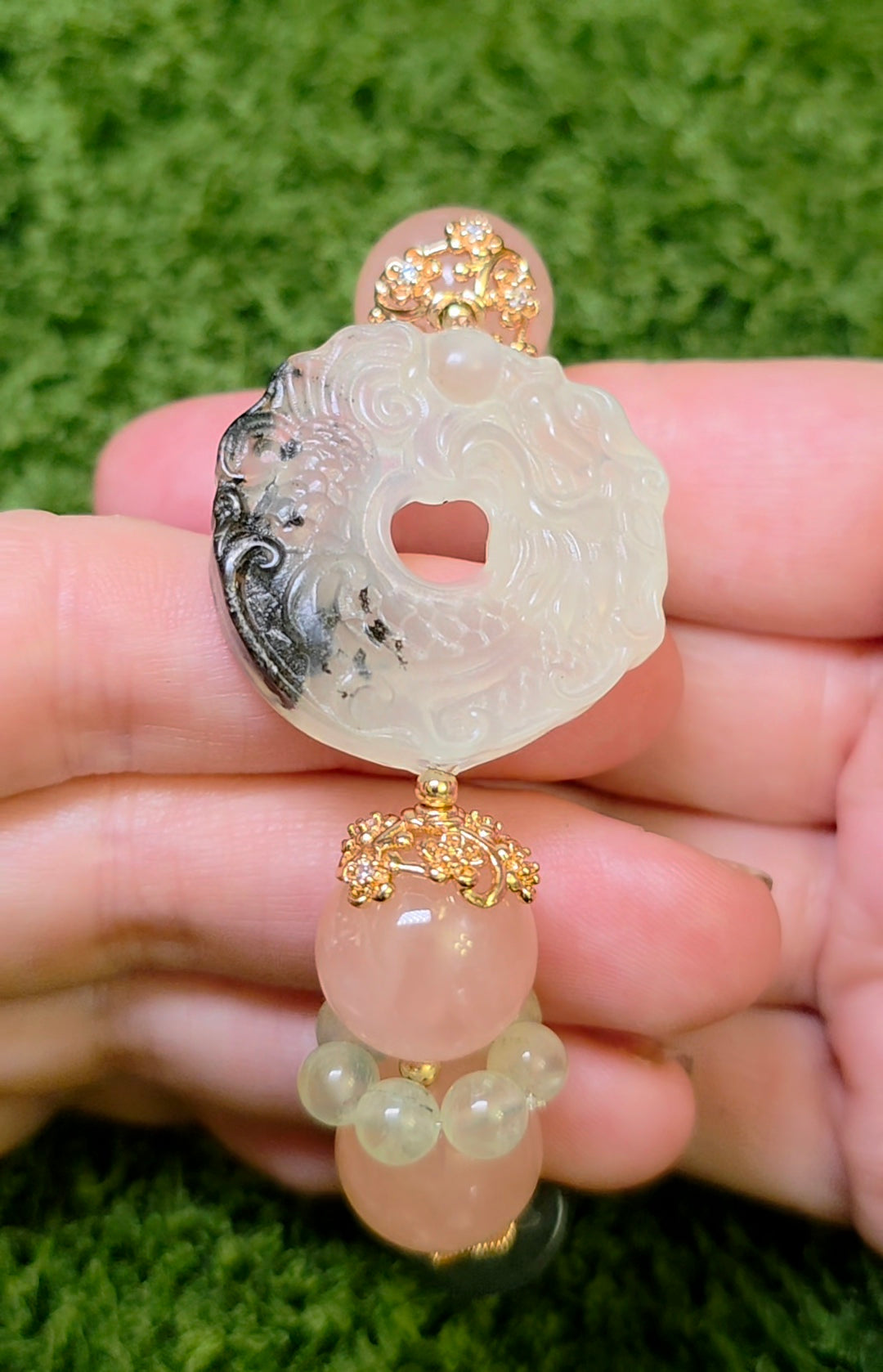 Jade, Prehnite, and Rose Quartz Dragon Bangle Stretch Bracelet B