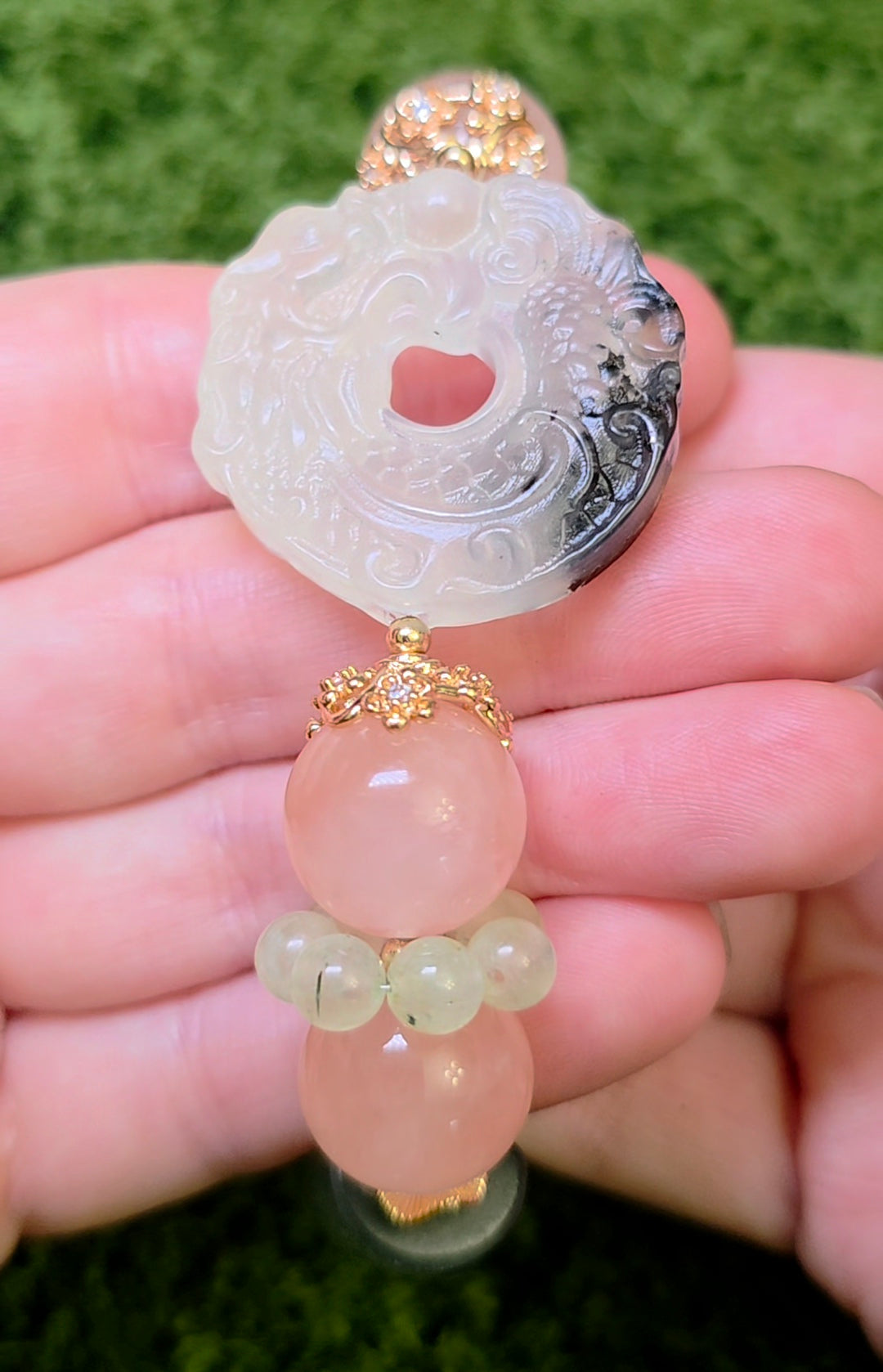 Jade, Prehnite, and Rose Quartz Dragon Bangle Stretch Bracelet B