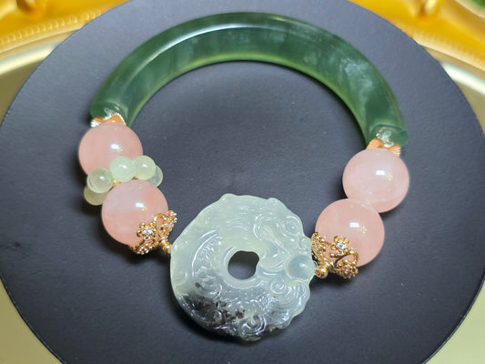 Jade, Prehnite, and Rose Quartz Dragon Bangle Stretch Bracelet B