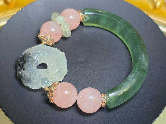 Jade, Prehnite, and Rose Quartz Dragon Bangle Stretch Bracelet B
