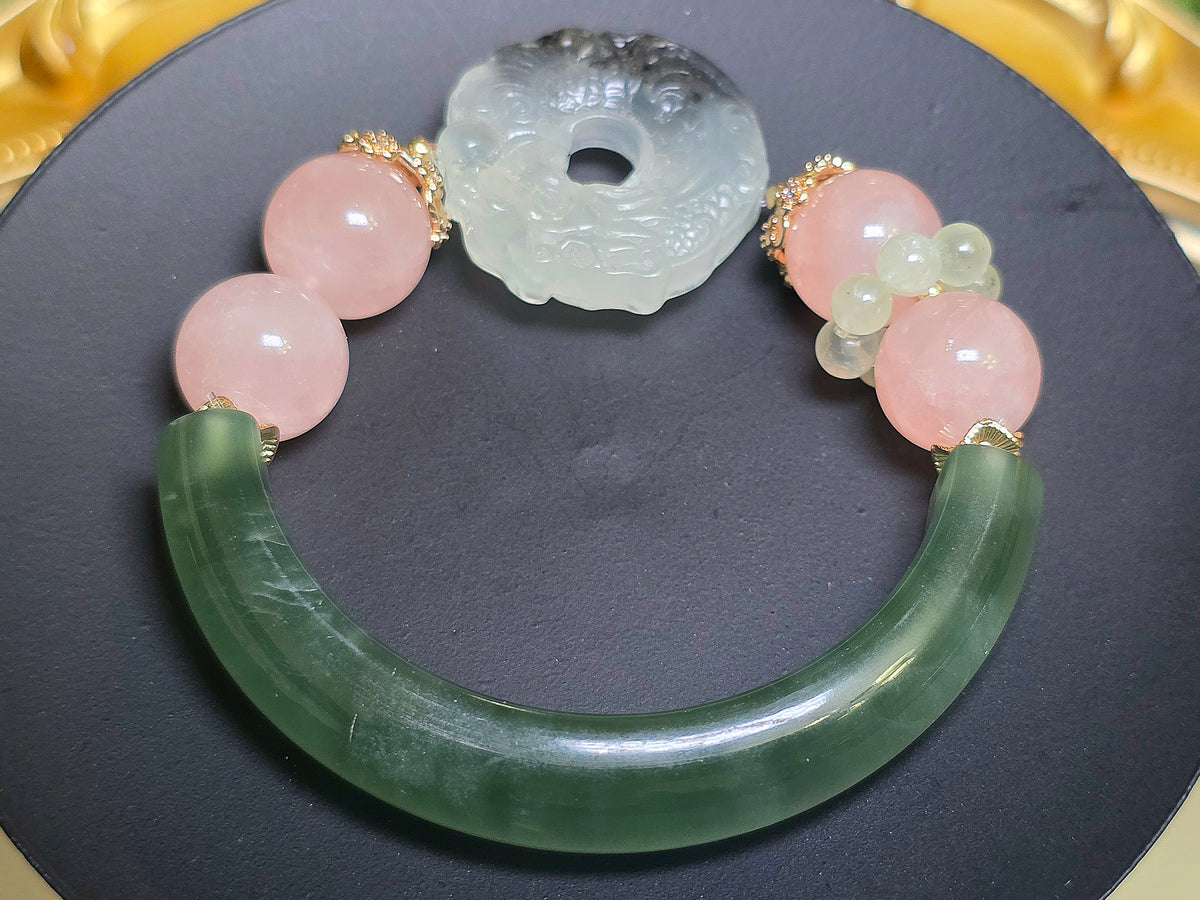 Jade, Prehnite, and Rose Quartz Dragon Bangle Stretch Bracelet B