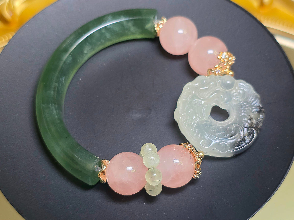Jade, Prehnite, and Rose Quartz Dragon Bangle Stretch Bracelet B