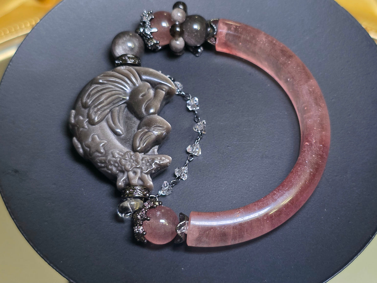 Strawberry Quartz and Silver Obsidian Stretch Bangle