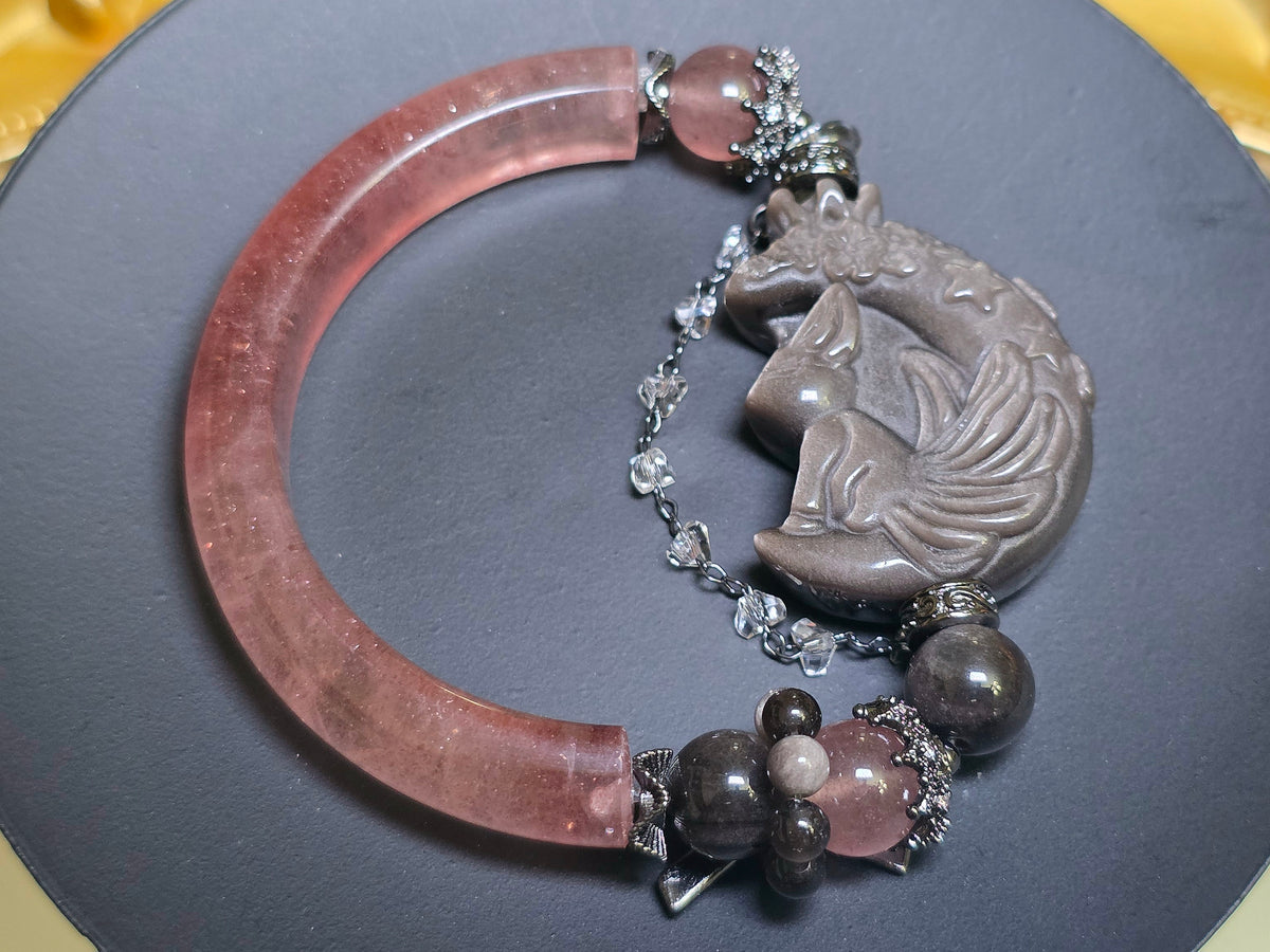 Strawberry Quartz and Silver Obsidian Stretch Bangle