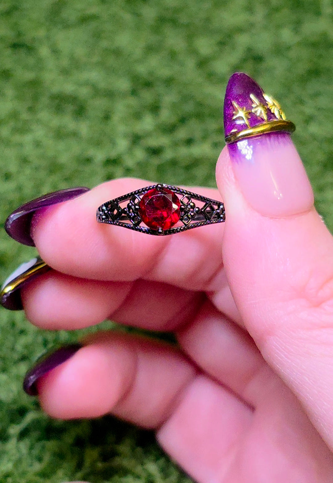 Red Garnet Black Filigree Ring