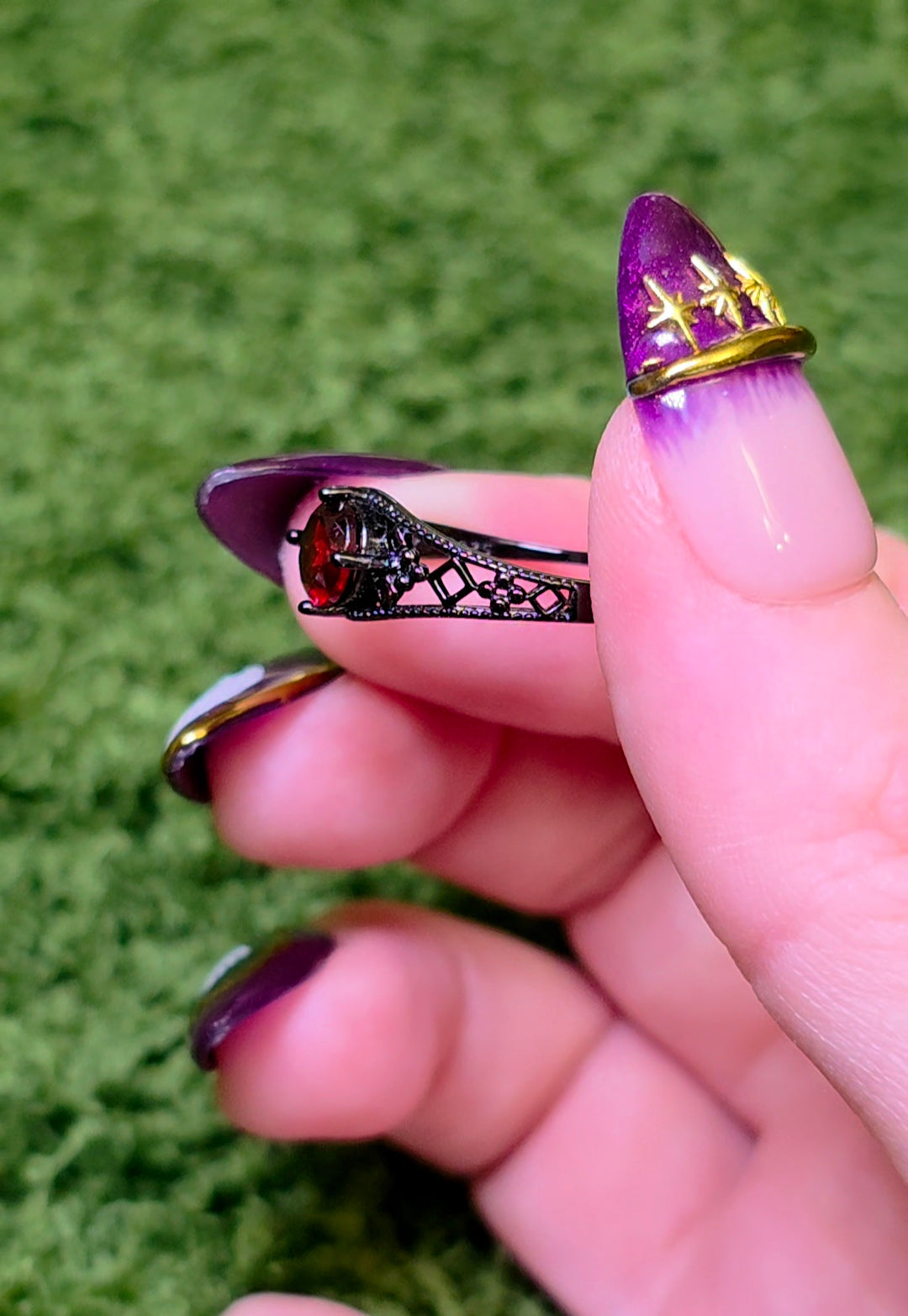 Red Garnet Black Filigree Ring