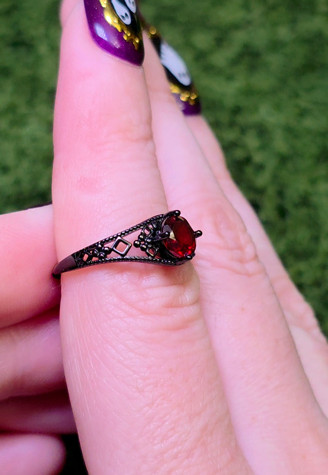 Red Garnet Black Filigree Ring