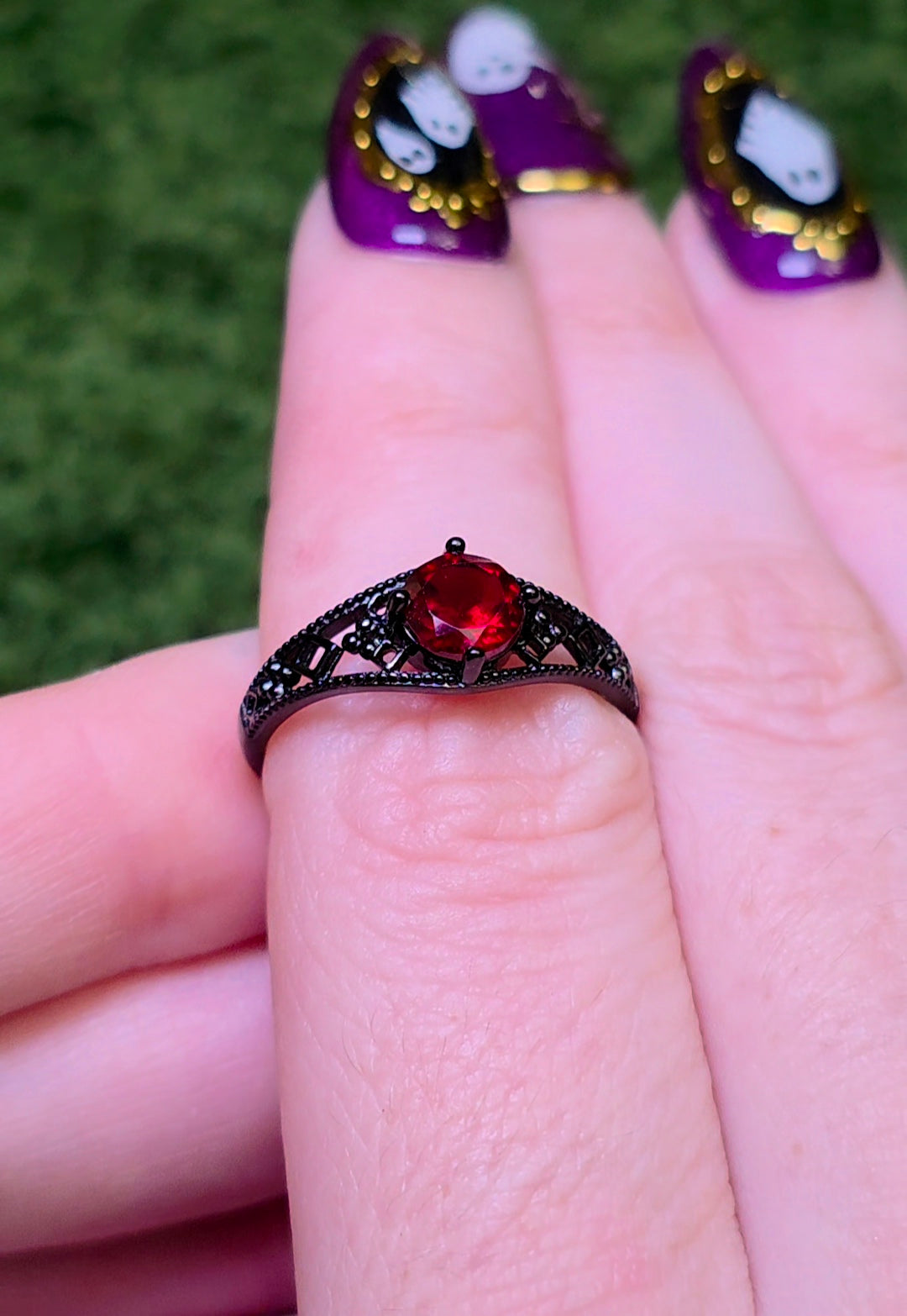 Red Garnet Black Filigree Ring