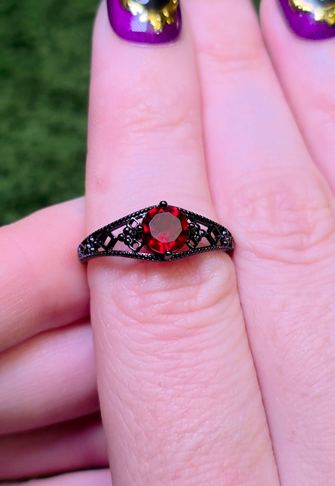 Red Garnet Black Filigree Ring