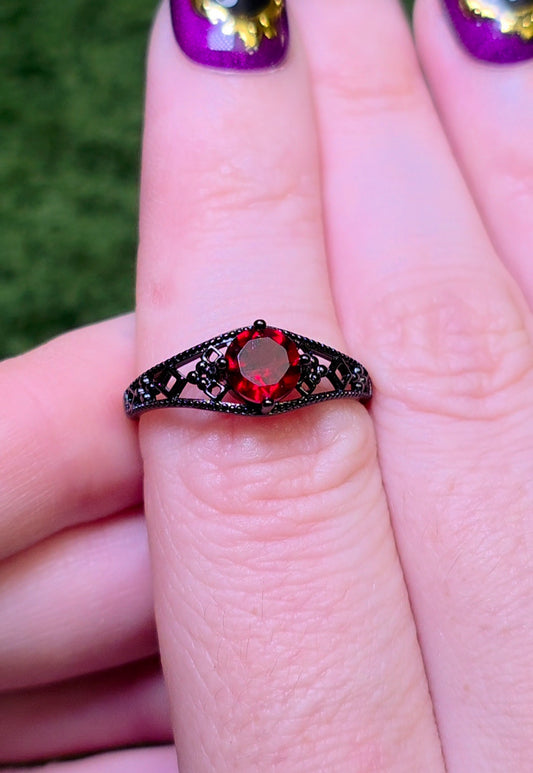 Red Garnet Black Filigree Ring