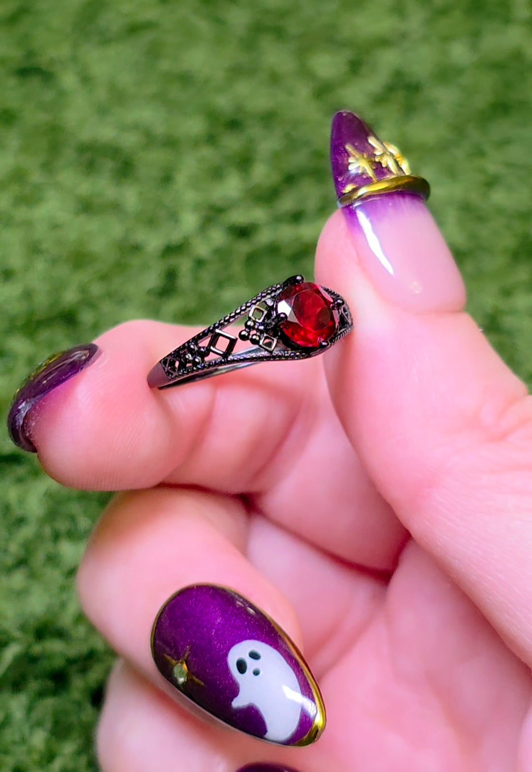 Red Garnet Black Filigree Ring