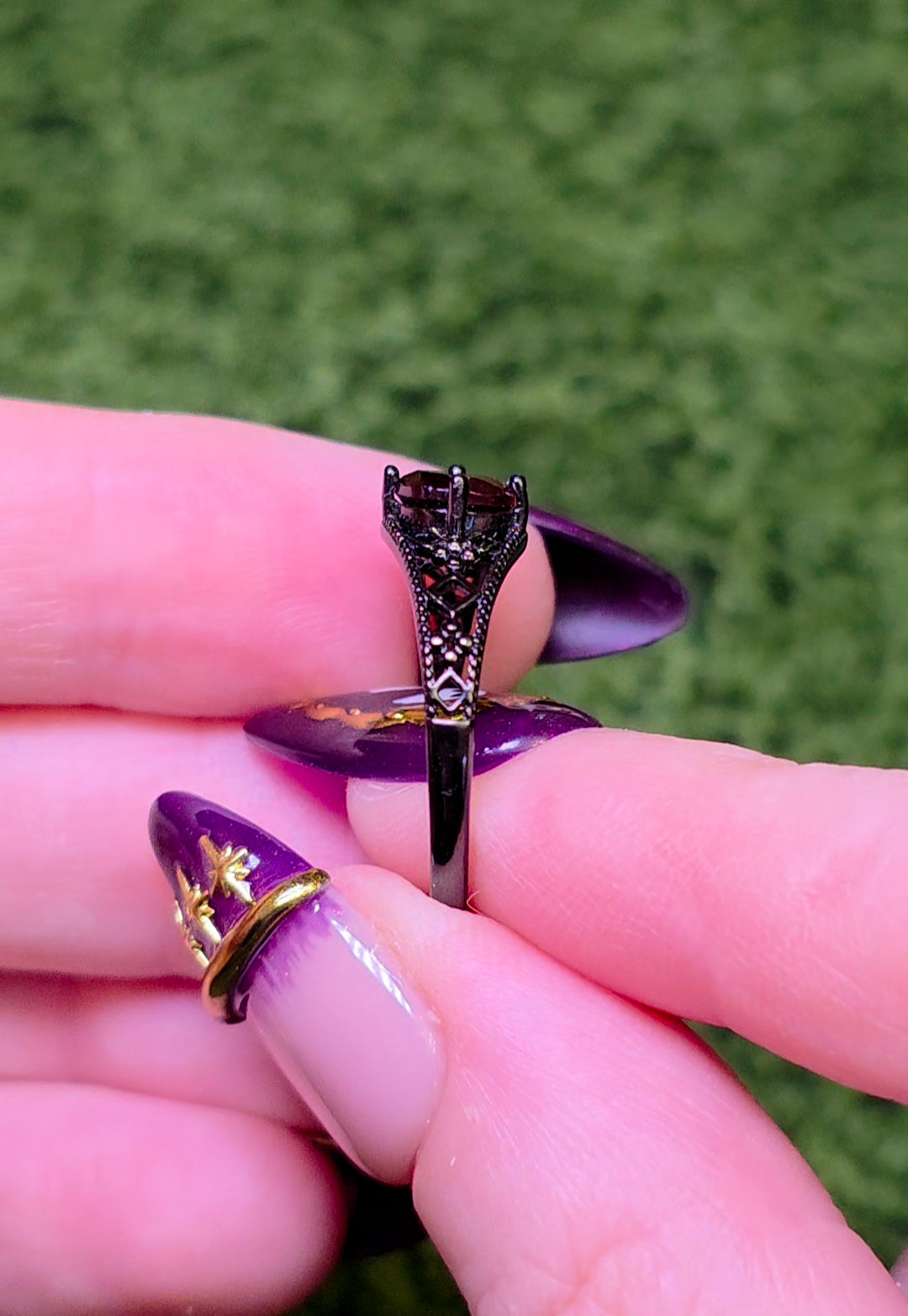 Red Garnet Black Filigree Ring