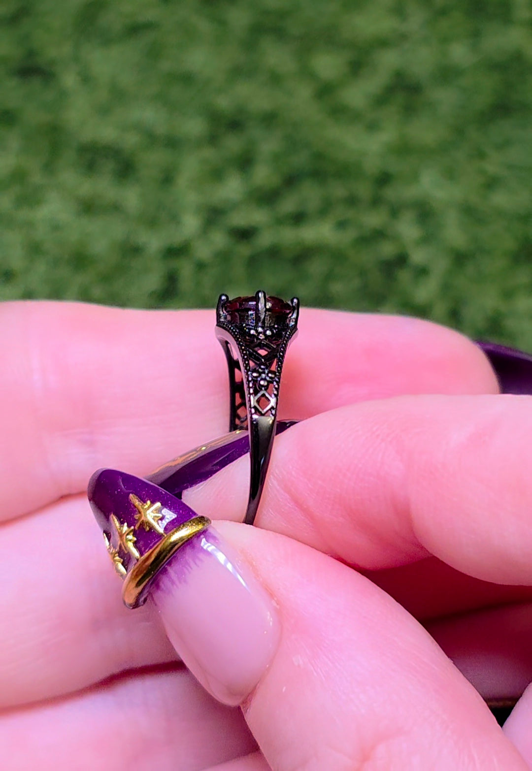 Red Garnet Black Filigree Ring
