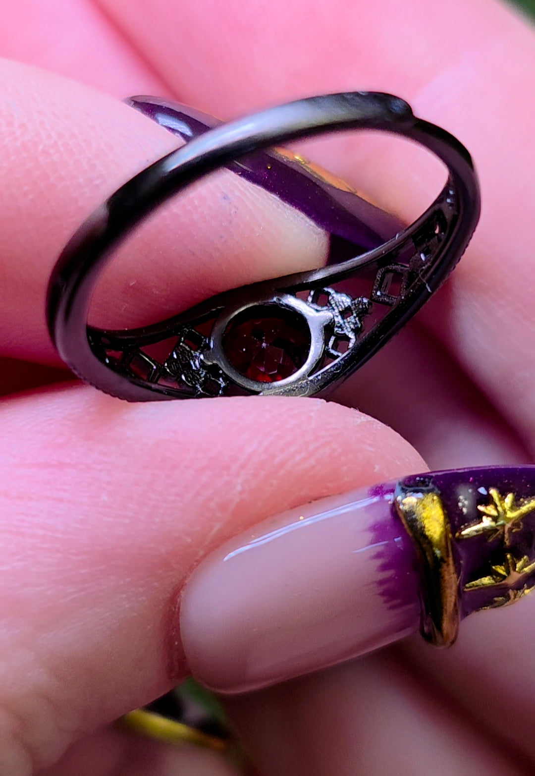 Red Garnet Black Filigree Ring