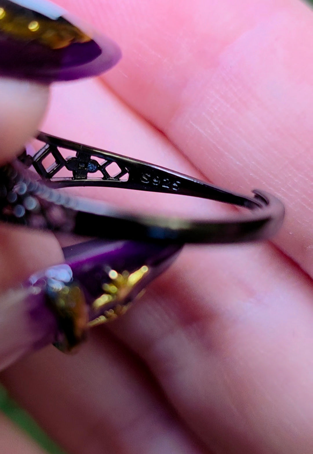 Red Garnet Black Filigree Ring