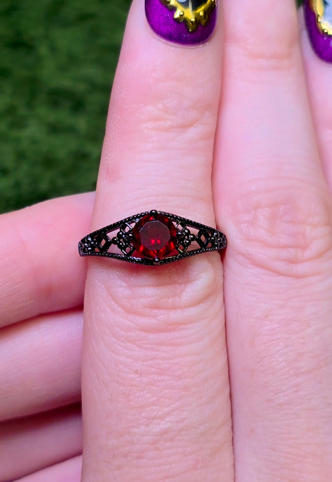Red Garnet Black Filigree Ring