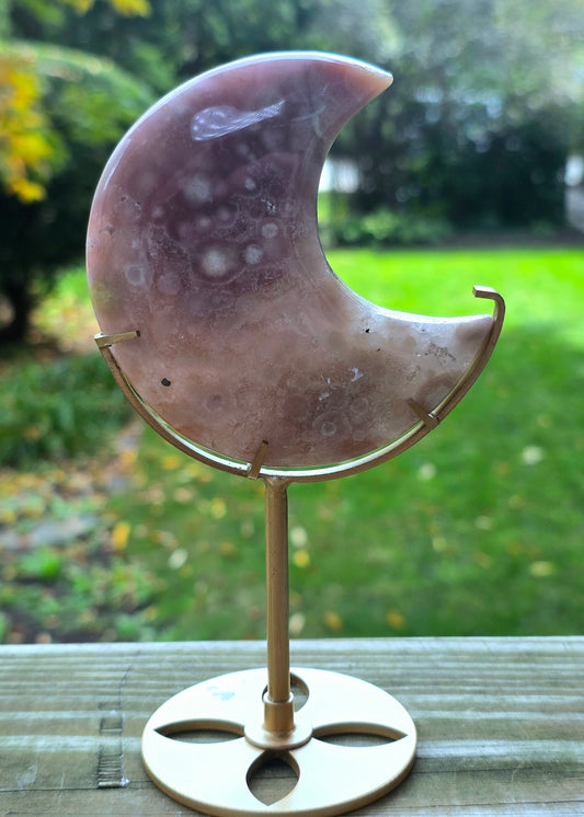 Pink Quartz (Pink Amethyst) Moon on Stand
