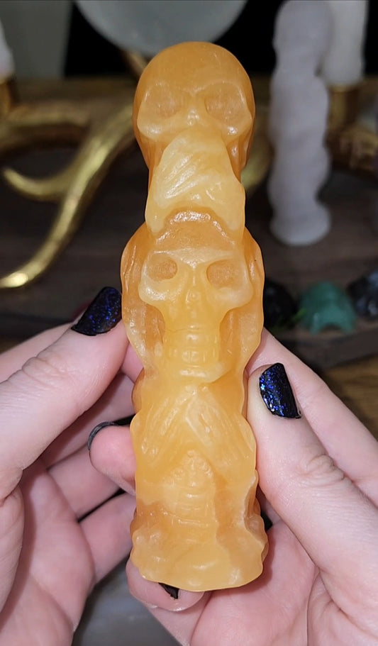 Speak No Evil, Hear No Evil, See No Evil: Orange Calcite Skulls