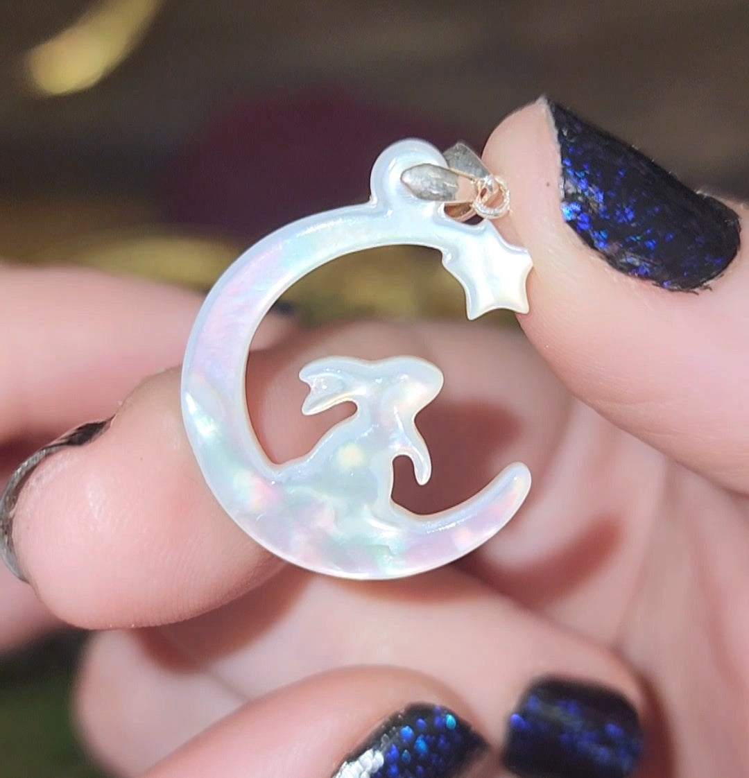 Rainbow Flash White Shell Bunny Moon Pendant