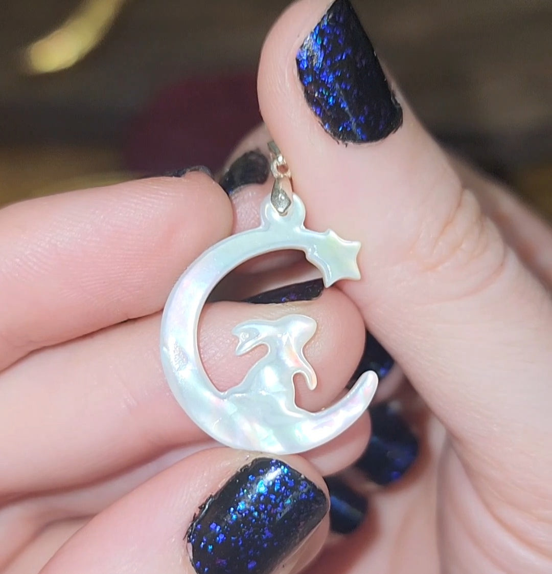 Rainbow Flash White Shell Bunny Moon Pendant