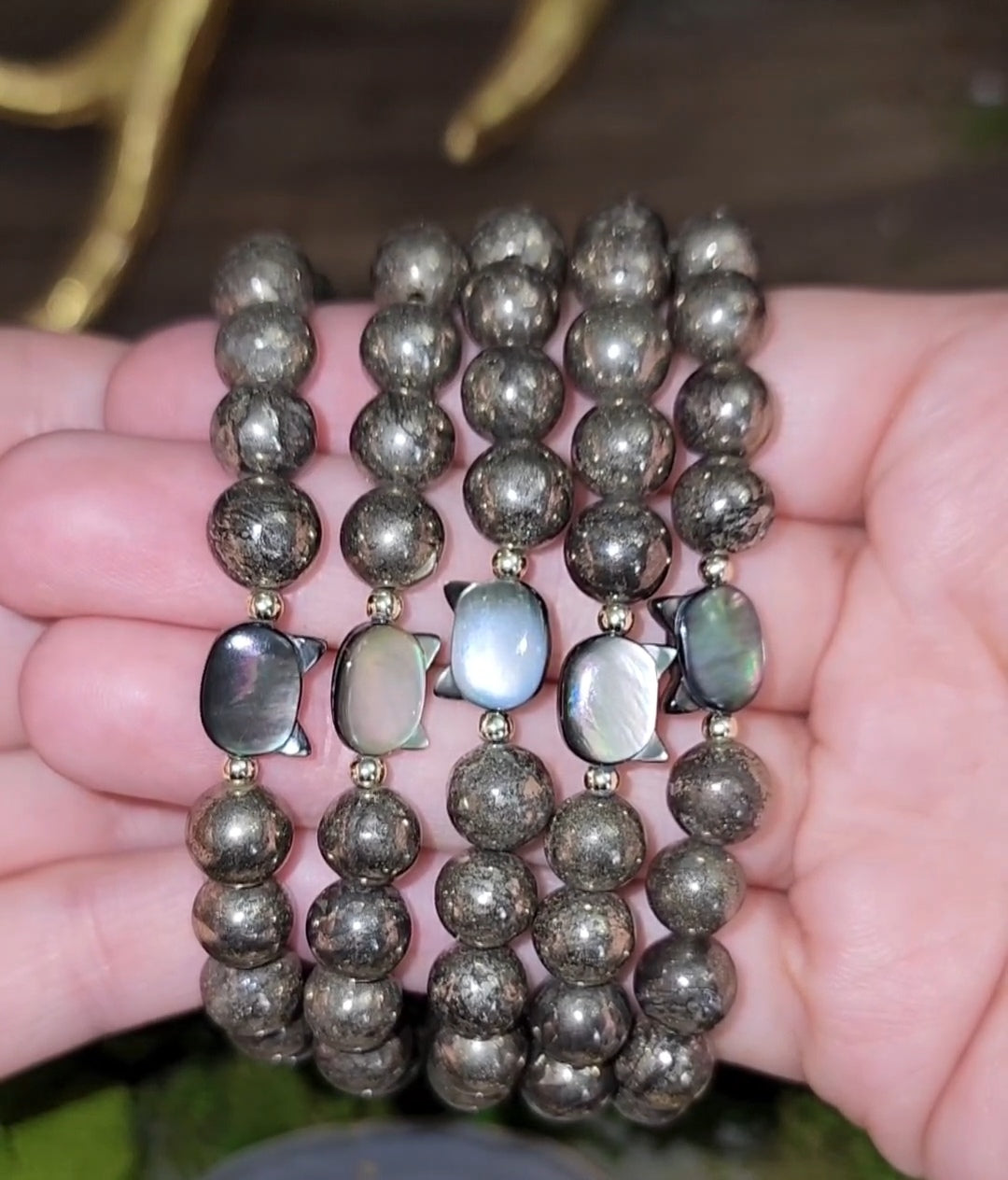 8mm Pyrite and Cat Shell Bracelet