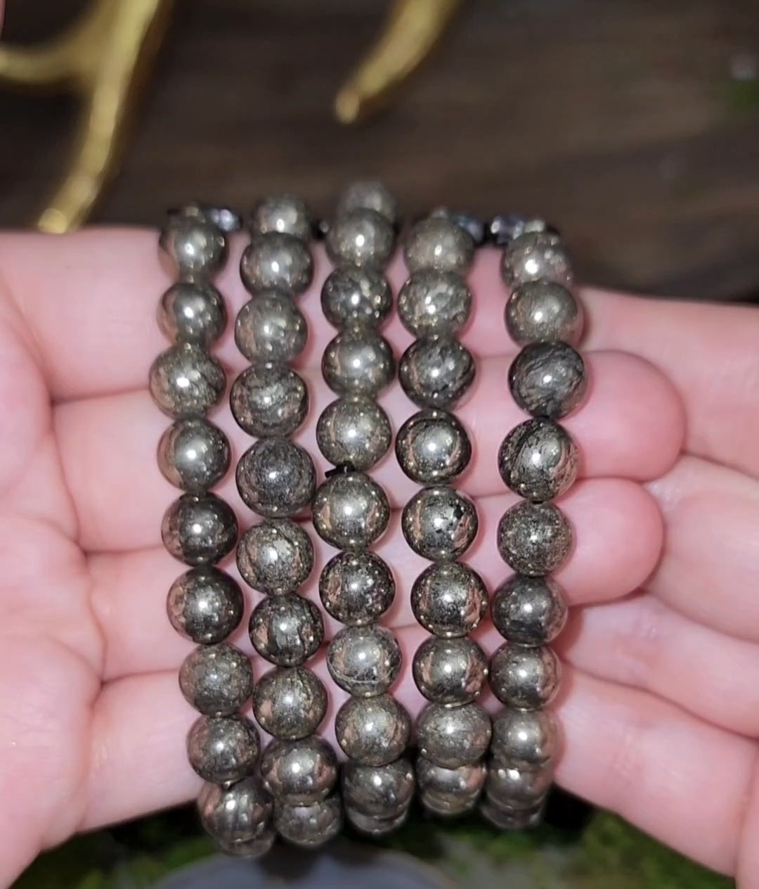 8mm Pyrite and Cat Shell Bracelet