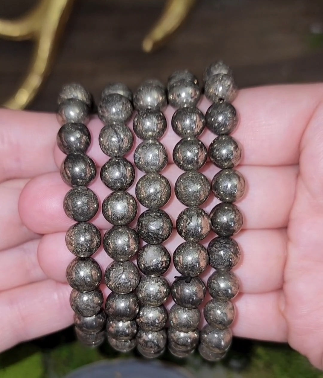 8mm Pyrite and Cat Shell Bracelet