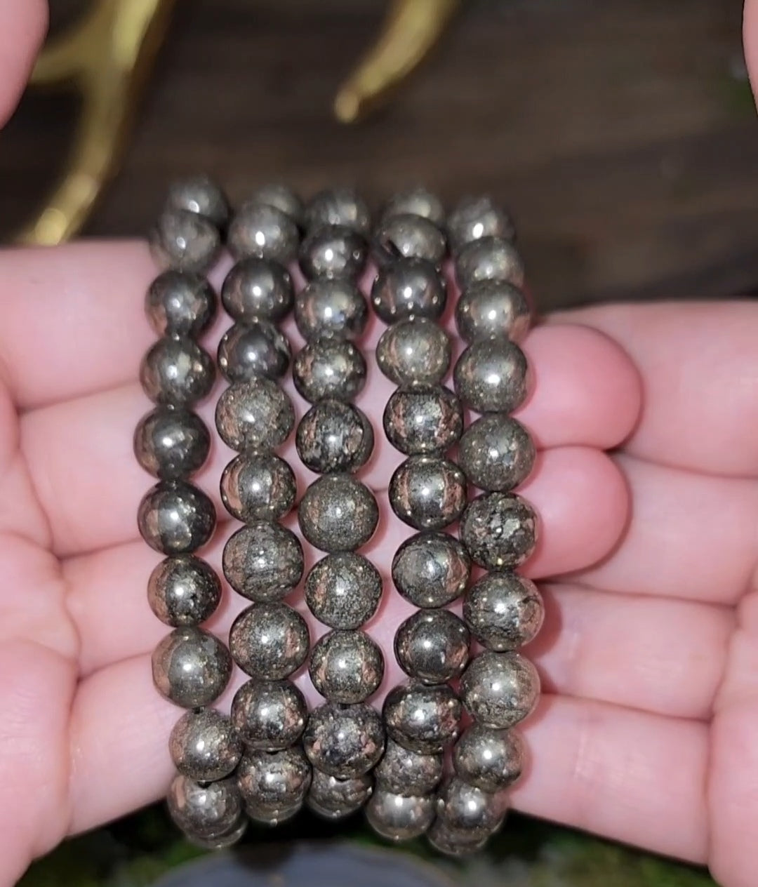 8mm Pyrite and Cat Shell Bracelet