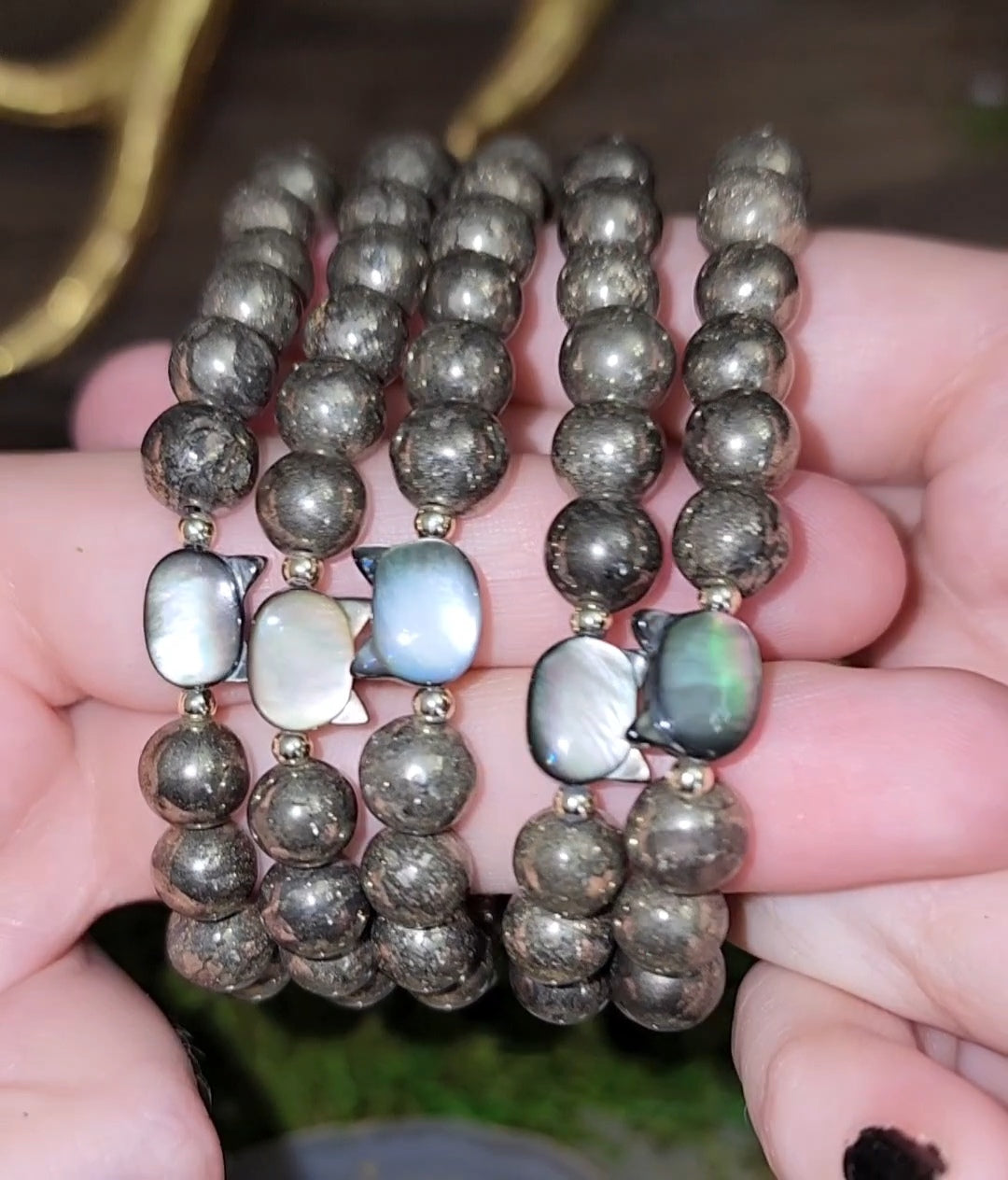 8mm Pyrite and Cat Shell Bracelet