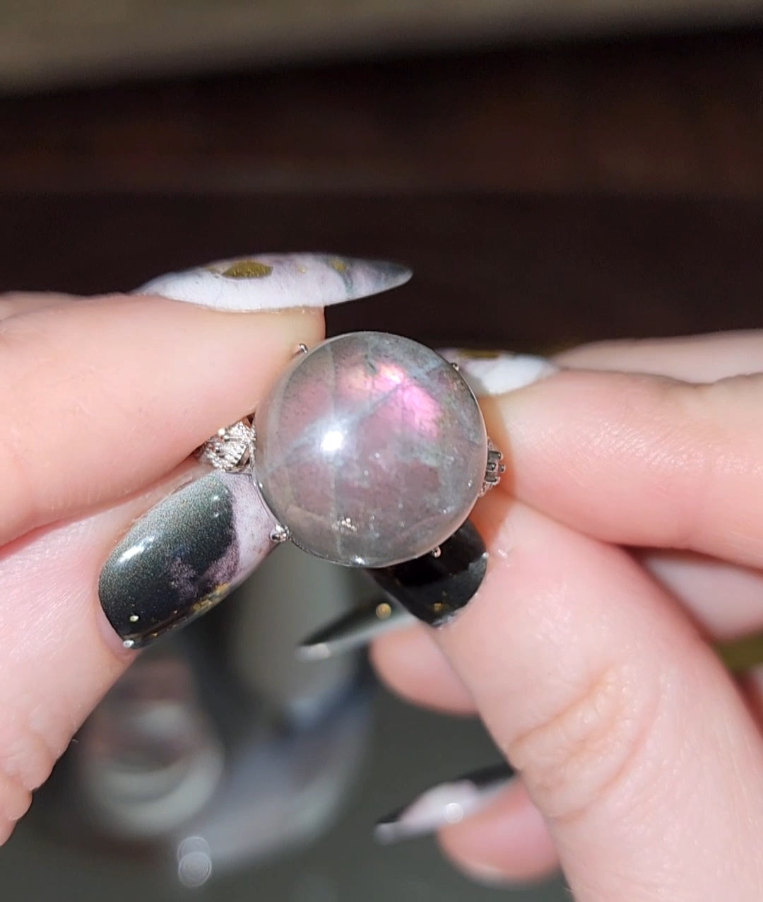 Purple Flash Labradorite Round Ring B