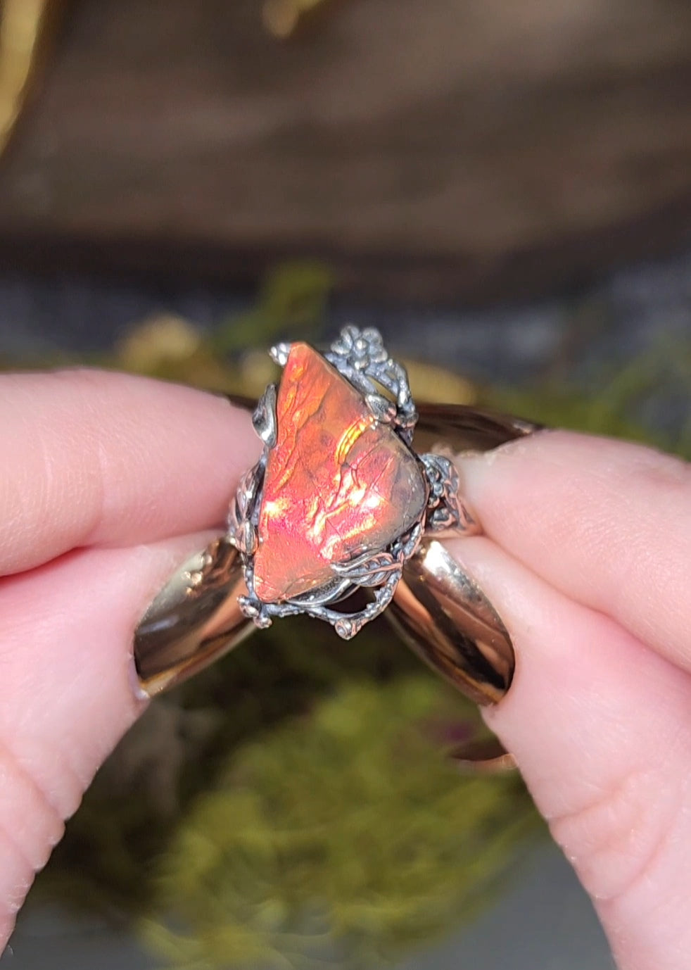 Red Flash Ammolite Ring