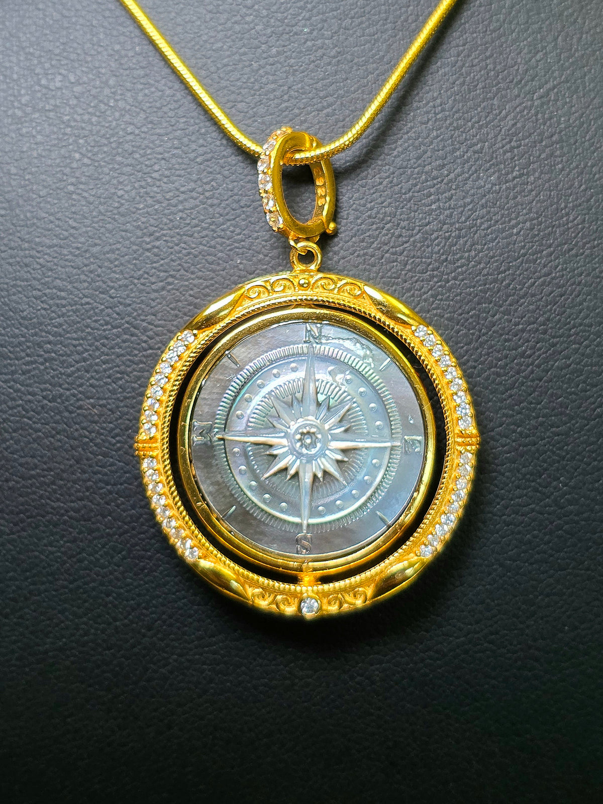 Rotating Black Shell Ship and Compass Pendant
