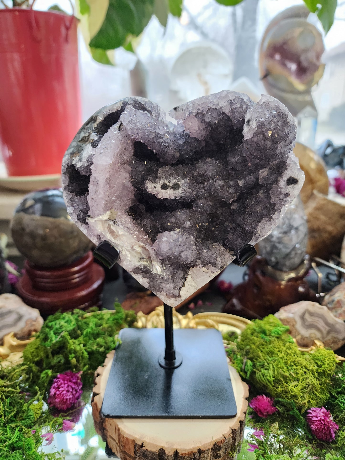 Druzy Amethyst Heart with Stalactites and Calcite