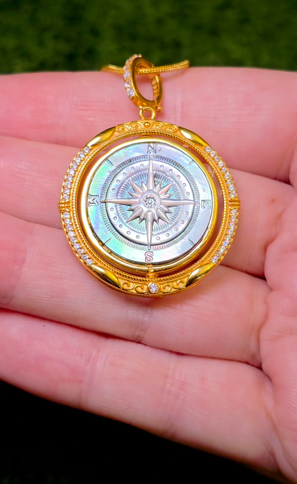 Rotating Black Shell Ship and Compass Pendant