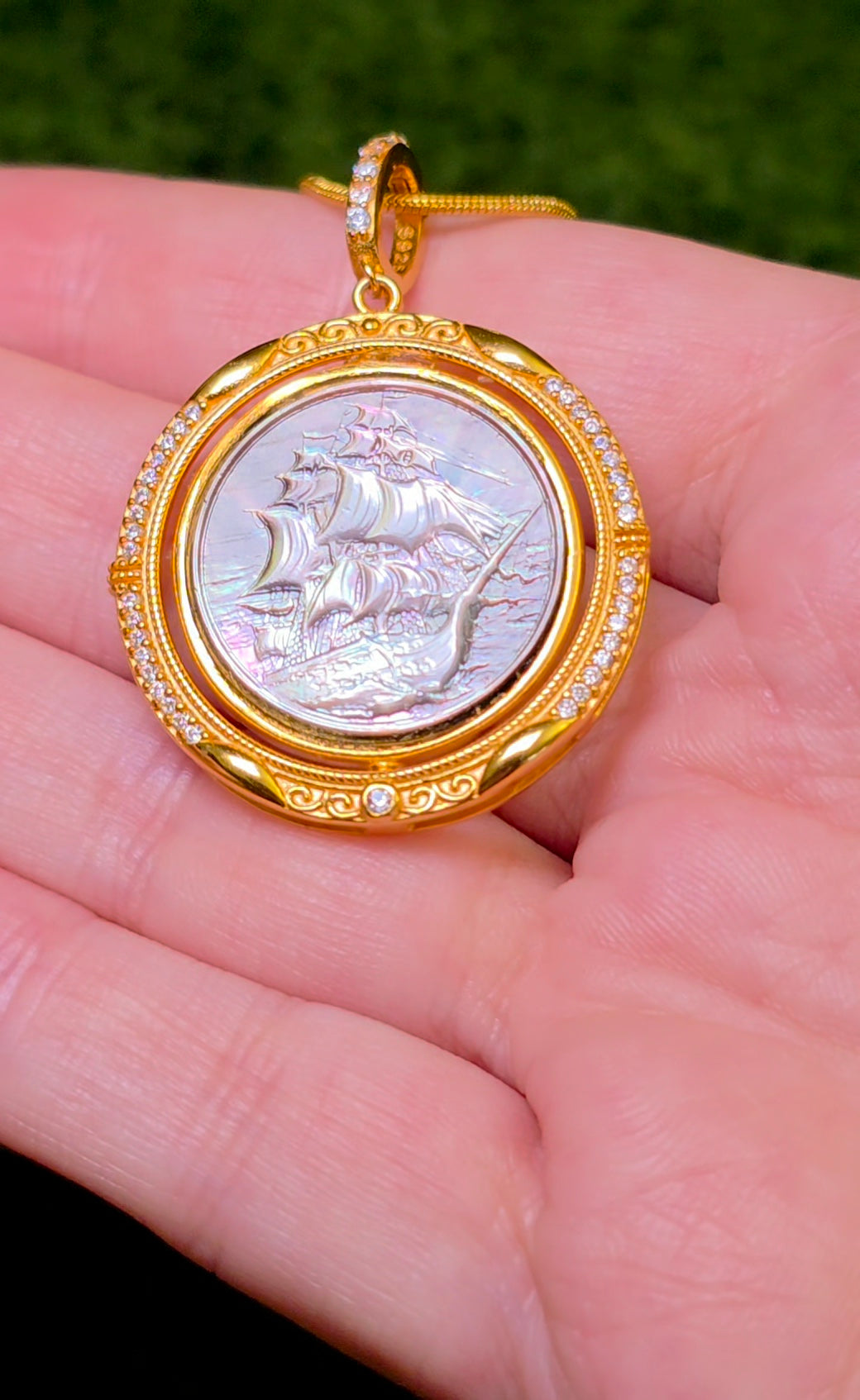 Rotating Black Shell Ship and Compass Pendant