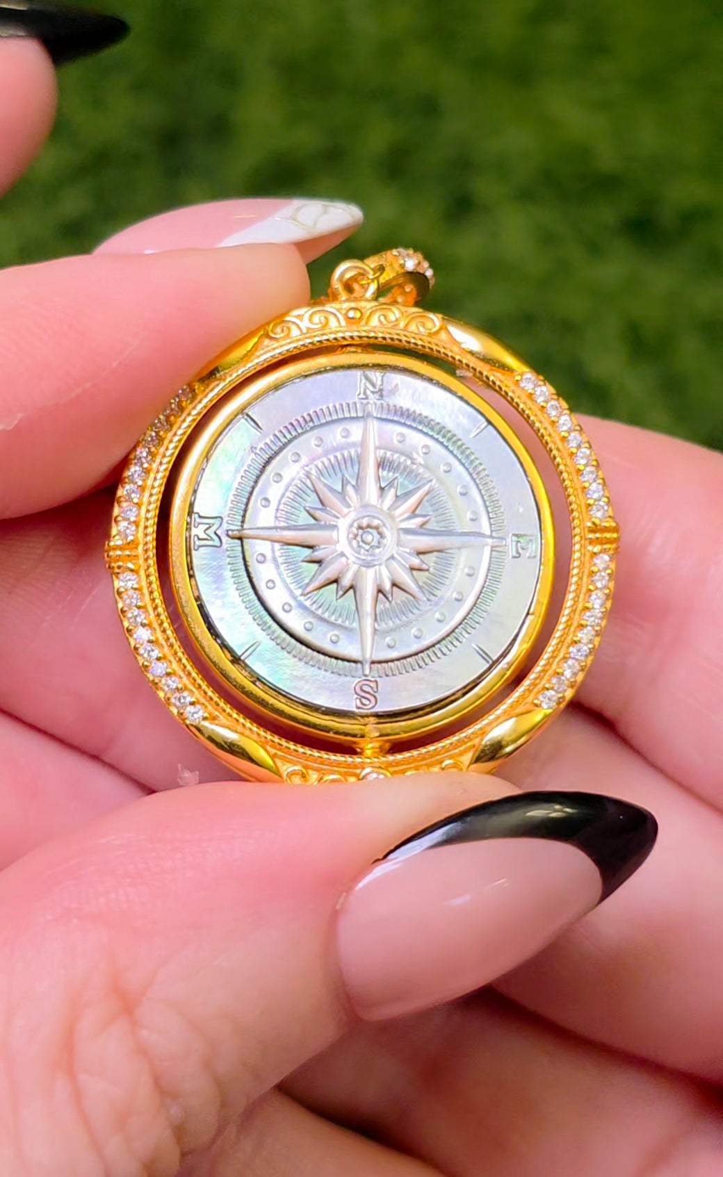 Rotating Black Shell Ship and Compass Pendant