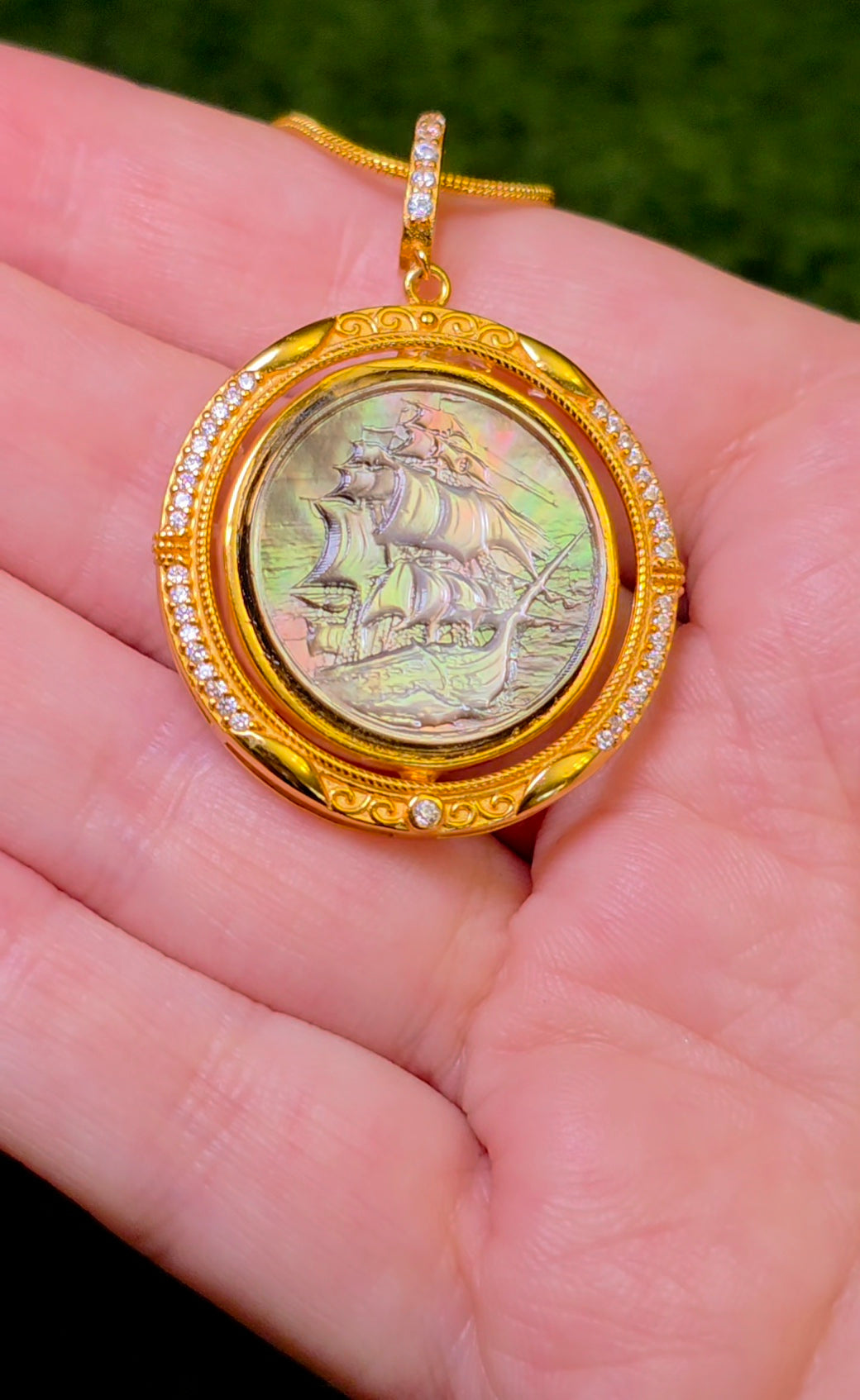Rotating Black Shell Ship and Compass Pendant